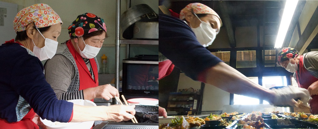 調理風景、お弁当セット、仕出し料理